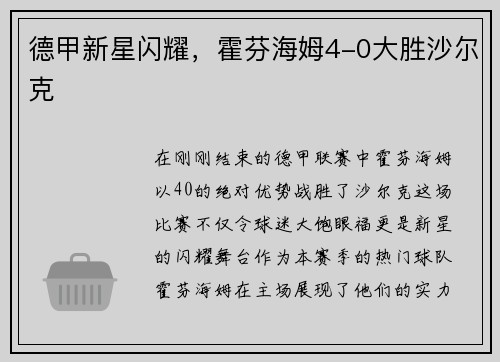 德甲新星闪耀，霍芬海姆4-0大胜沙尔克