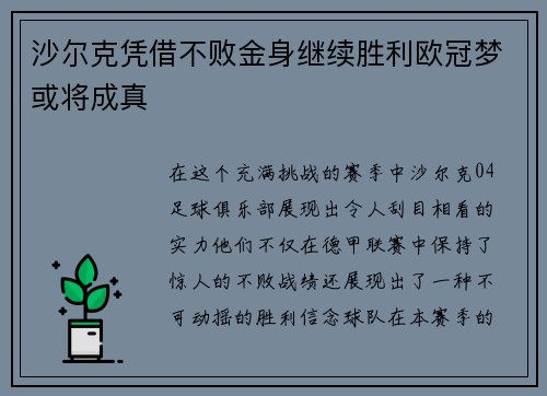 沙尔克凭借不败金身继续胜利欧冠梦或将成真